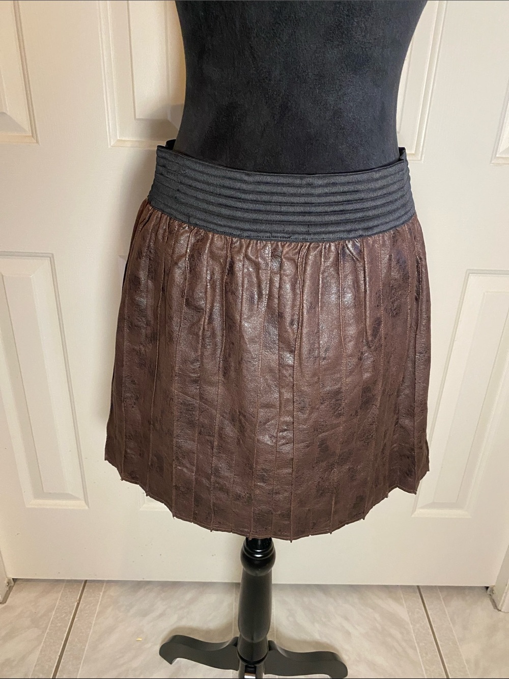 Type Z Brown Faux Leather Pleated Mini Skirt with Black Waistband